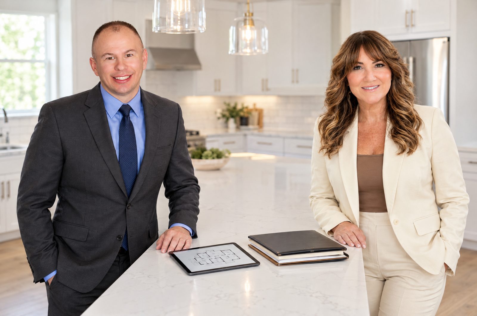 Christopher Lotte and Kristy Reynolds-Rafiyq at the kitchen island of a new model home with a floor plan on a tablet